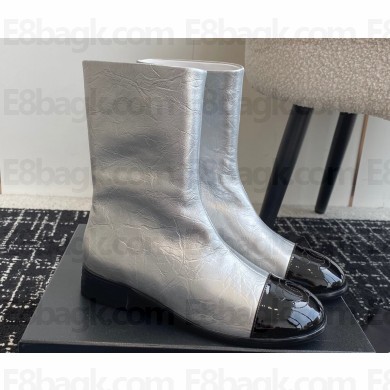 Chanel Crinkled Calfskin and Patent Black Ankle Boots Silver 2024