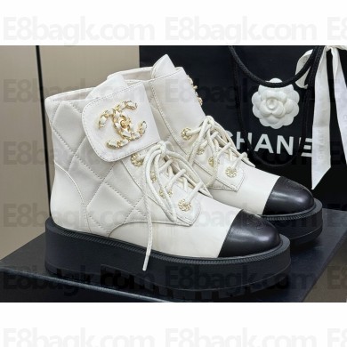 Chanel Lambskin Quilting Chain CC Logo Combat Boots White 2024