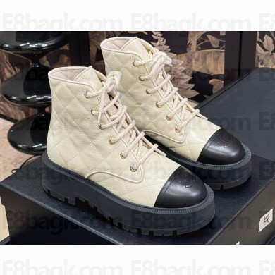 Chanel Crinkled Calfskin Quilting Combat Boots White 2024