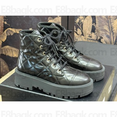 Chanel Crinkled Calfskin Quilting Combat Boots Black 2024