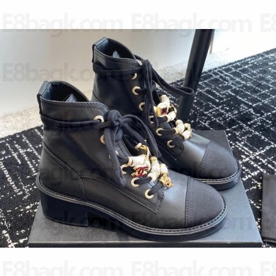 Chanel Calfskin, Grosgrain, Imitation Pearls, Strass & Metal Combat Boots G45856 Black 2024