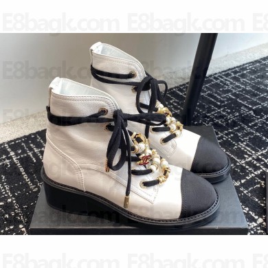 Chanel Calfskin, Grosgrain, Imitation Pearls, Strass & Metal Combat Boots G45856 White 2024
