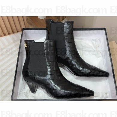 Chanel Heel 5cm CC Logo Ankle Boots Croco Pattern Black 2024