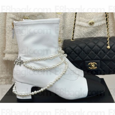 Chanel Heel 5cm Stretch Lambskin, Grosgrain, Imitation Pearls & Metal Short Boots G45794 White 2024
