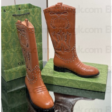 Gucci Heel 4cm Women's Boots with Double G and Studs in Lizard-print Leather Brown 2024
