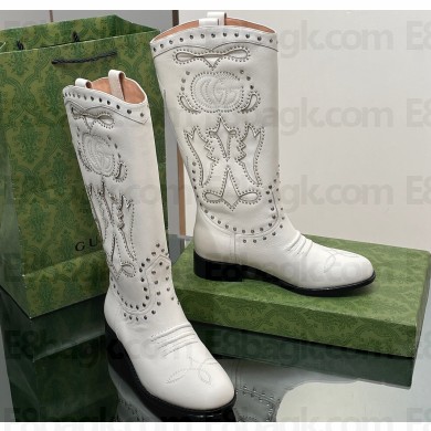 Gucci Heel 4cm Women's Boots with Double G and Studs in Lizard-print Leather White 2024