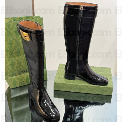 Gucci Heel 3.5cm Women's Retro G Boots in Crinkle Patent Leather Black 2024