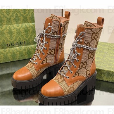 Gucci Women's Lace-up Ankle Boots in Jumbo GG Canvas and Leather Brown 2024
