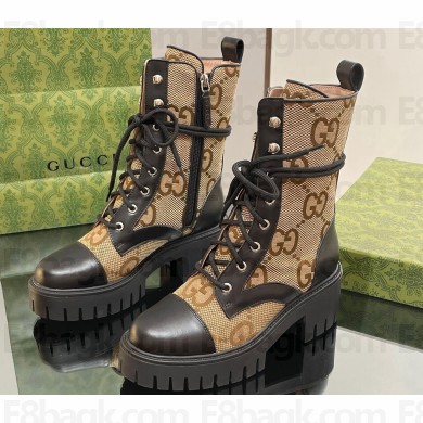Gucci Women's Lace-up Ankle Boots in Jumbo GG Canvas and Leather Black 2024