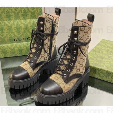 Gucci Women's Lace-up Ankle Boots in GG Canvas and Leather Black 2024