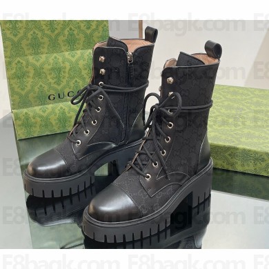 Gucci Women's Lace-up Ankle Boots in Black GG Canvas and Leather Black 2024