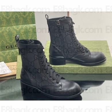 Gucci Heel 4cm Women's Lace-up Ankle Boots in GG Canvas and Leather Black 2024
