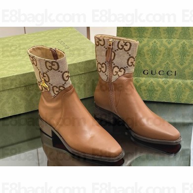Gucci Heel 4.5cm Women's Horsebit Almond-Toe Ankle Boots in GG Canvas and Leather Brown 2024
