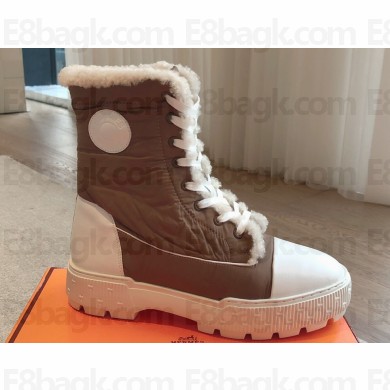 Hermes Fresh Women/Men ankle boots in parachute fabric and calfskin Brown with shearling lining 2024