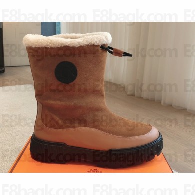 Hermes Journey Women/Men ankle boots in suede calfskin and calfskin brun fumé / écru with shearling lining 2024