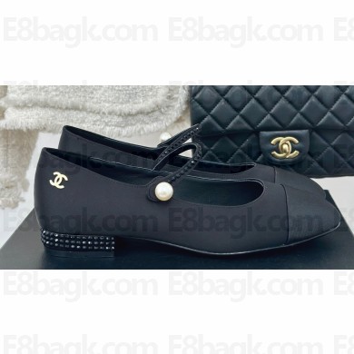Chanel Silk Satin, Grosgrain & Strass Mary Janes G45877 Black 2024