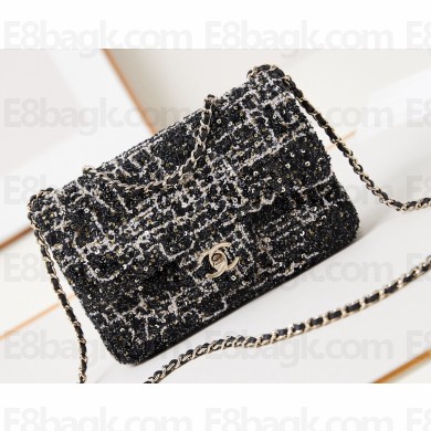 Chanel Cotton, Wool Tweed, Sequins & Gold-Tone Metal Mini Classic Handbag A69900 Black 2024