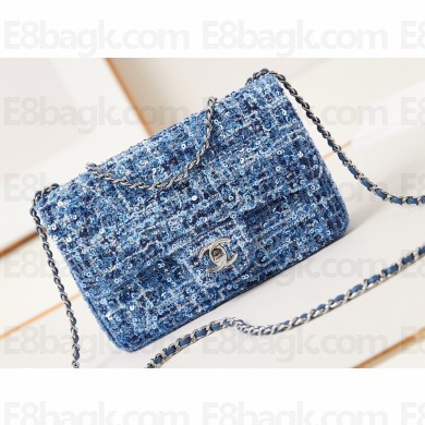 Chanel Cotton, Wool Tweed, Sequins & Gold-Tone Metal Mini Classic Handbag A69900 Light Blue 2024
