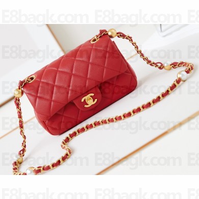 Chanel Shiny Lambskin, Imitation Pearls & Gold-Tone Metal Mini Flap Bag AS4947 Red 2024