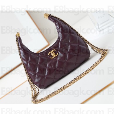 Chanel Shiny Lambskin & Gold-Tone Metal Small Hobo Handbag AS4966 Burgundy 2024