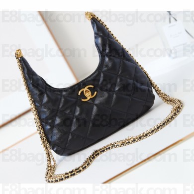 Chanel Shiny Lambskin & Gold-Tone Metal Small Hobo Handbag AS4966 Black 2024