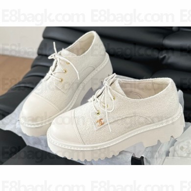 Chanel Calfskin and Tweed Lace-up Moccasins White 2024