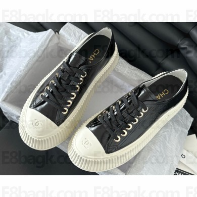 Chanel CC Logo Crinkled Calfskin Platform Sneakers Black 2024