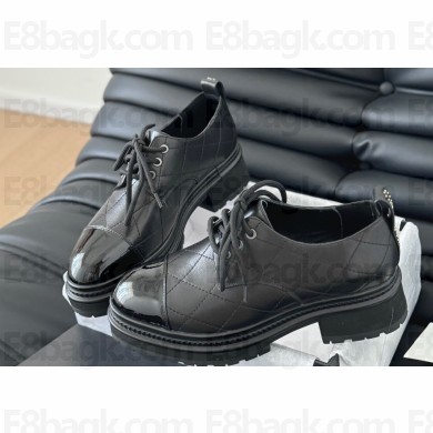 Chanel Calfskin Quilting Lace-up Moccasins Black 2024