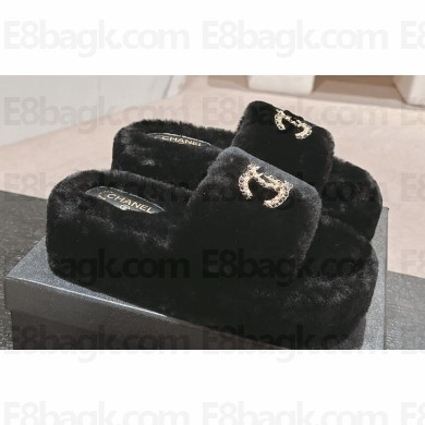 Chanel Chain CC Logo Shearling Fur Platform Mules Black 2024