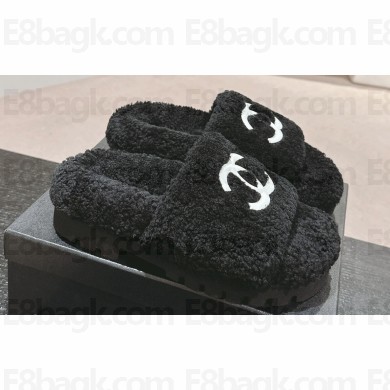 Chanel Resin CC Logo Shearling Platform Mules Black 2024