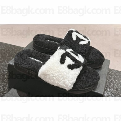 Chanel CC Logo Shearling Fur Mules Black/White 2024