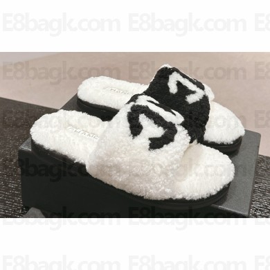 Chanel CC Logo Shearling Fur Mules White/Black 2024