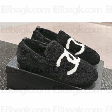 Chanel CC Logo Shearling Fur Moccasins Black 2024
