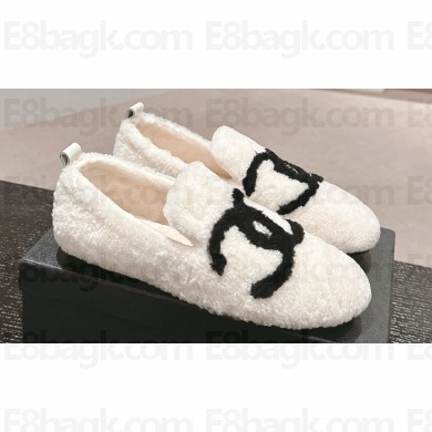 Chanel CC Logo Shearling Fur Moccasins White 2024