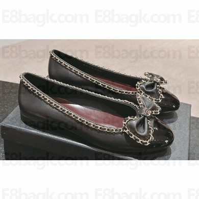 Chanel Chain Around and Bow Ballet Flats Leather/Patent Black 2024