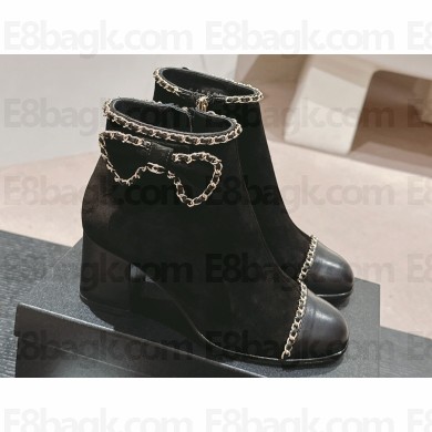 Chanel Chain Around and Bow Ankle Boots Suede Leather Black 2024