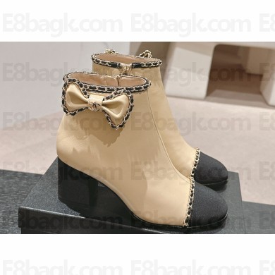 Chanel Chain Around and Bow Ankle Boots Leather/Grosgrain Beige 2024