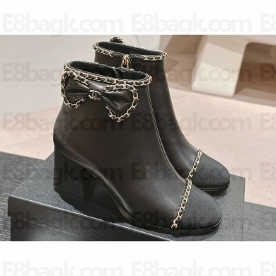 Chanel Chain Around and Bow Ankle Boots Leather/Grosgrain Black 2024