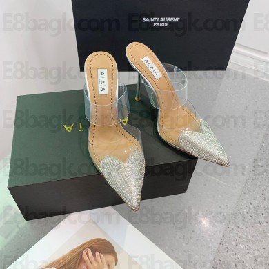 Alaia Heart Heel Mules 10.5cm in PVC and Patent Calfskin with Crystals silver 2023