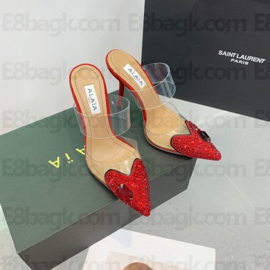 Alaia Heart Heel Mules 10.5cm in PVC and Patent Calfskin with Crystals Red 2023