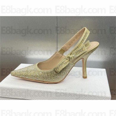 Dior heel 9.5CM J'Adior Slingback Pump IN Cotton Embroidered with Gold-Tone Metallic Thread and Strass 2024