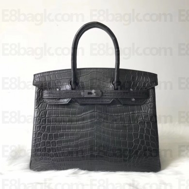 hermes so black birkin 30/35 bag in matt crocodile leather