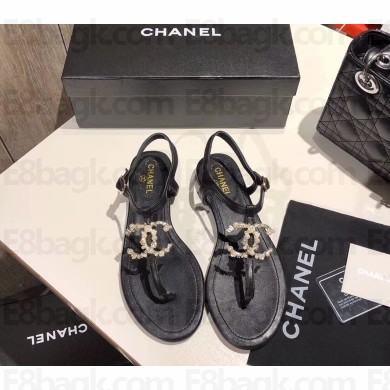 Chanel pearl CC Logo Thong Sandals G35692 Black 2020