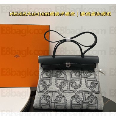 Hermes Herbag Zip 31 bag Black with Silver Hardware in H Plume canvas with "Circuit 24" motif (Full Handmade)