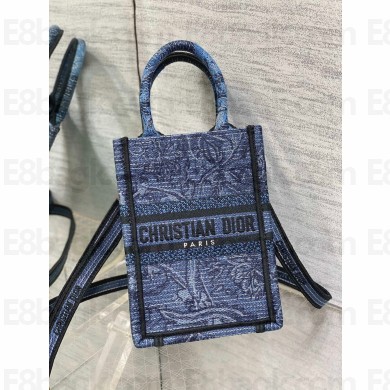 Dior mini Book Tote phone Bag in Denim Blue Toile de Jouy Embroidery 2023