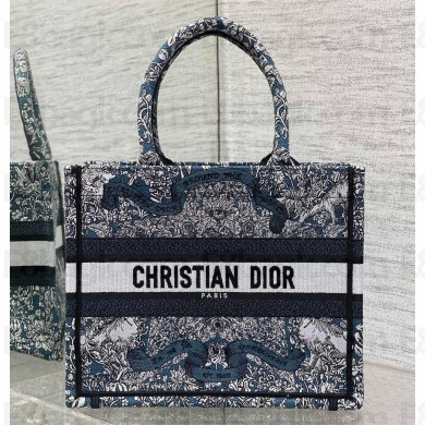 Dior SMALL Book Tote bag in Blue Embroidery with White Dior Around the World Motif 2025