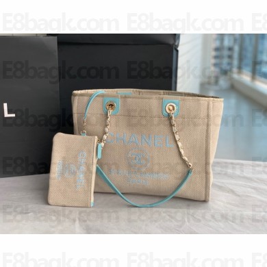 chanel SMALL cabas tote bag A66940 gray with blue handle 2022