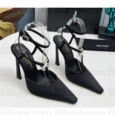 Saint Laurent Heel 11cm crystal-buckle silk slingback pumps black 2024