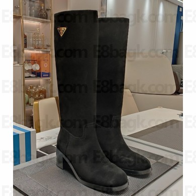 Prada suede leather boots in black heel 7.5cm 1202-2024