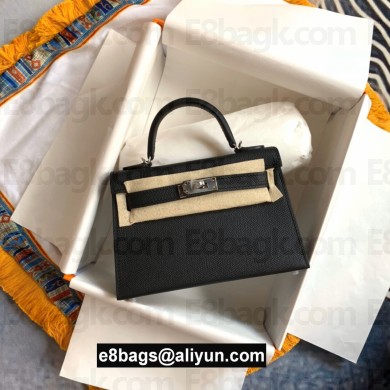 Hermes Mini Kelly II Handbag epsom leather with silver Hardware half handmade black